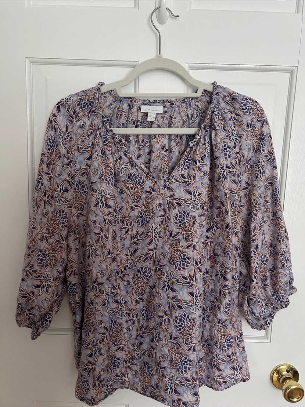 J. Jill Love Linen Purple Floral Peasant Blouse Split V-Neck Boho Top XL